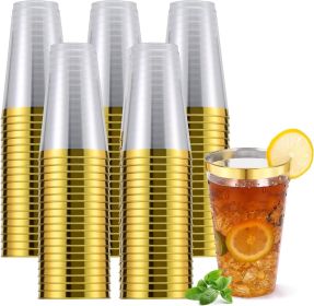 200 Pcs 16 oz Disposable Gold Rimmed Plastic Cups Heavy Duty Elegant Fancy Disposable Hard Plastic Cups With Gold Rim For Weddings Festivals and