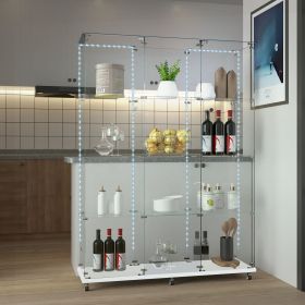 Tempered Glass Display Cabinet,Wine Cabinet, Storage Cabinet,File Cabinet with Bluetooth LED Light Strips,Tempered Glass Top, Lock on Door Wheels