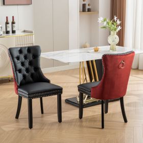 A&A Furniture Nikki Collection Modern Tufted Solid Wood Dining Chair Set, Velvet and PU Upholstered with Nailhead Trim, Black & Wine Red, 2-Piece