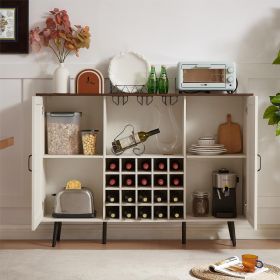 White Faux Rattan Barn Door Wine Cabinet with Wine Rack and Wine Glass Rack, Double Door Design with Removable Shelves, Rustic Wood Storage Cabin