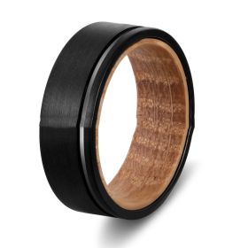 Men's Groove Ring 8mm Black Tungsten Steel Wine Barrel Wood (Color: Black, size: Size 8)