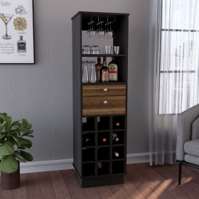 Zircon Bar Cabinet, Twelve Built-in Wine Rack, Two Drawers (Color: Black / Walnut)
