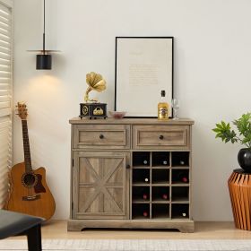 Farmhouse Buffet Cabinet with Storage Sideboard with 2 Drawers, Wine Bar Cabinet with Removable Wine Racks Storage Shelves (Color: Gray Wash, Material: MDF)